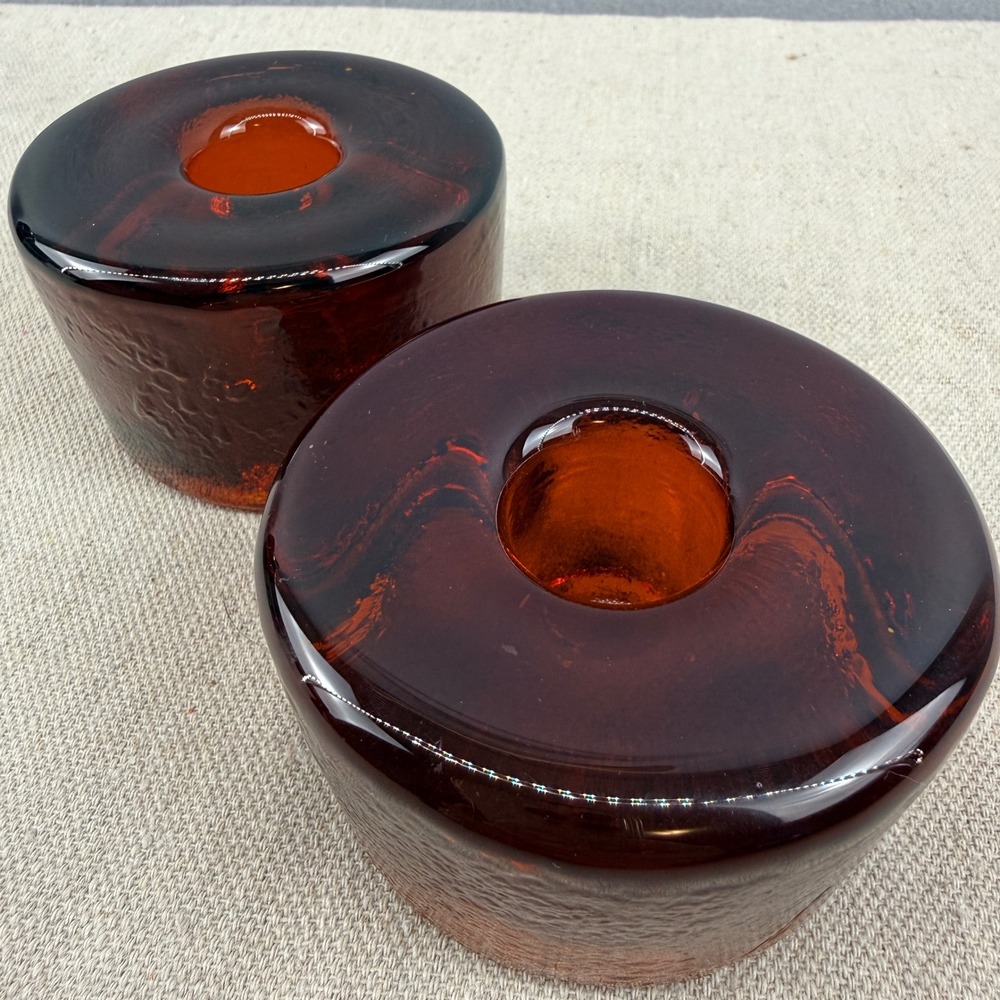 VTG Pair Blenko 990A Amber Glass Candle Holders Don Shepherd